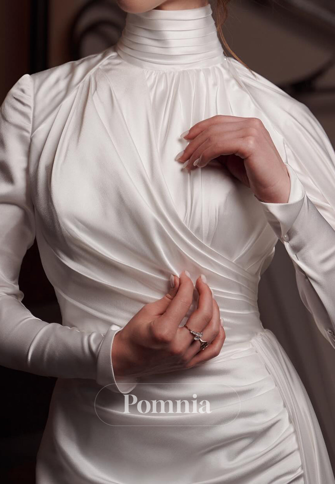 High Neck Long Sleeves Ruched Sheath Satin Wedding Dress