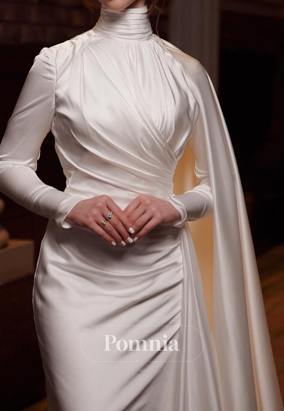 High Neck Long Sleeves Ruched Sheath Satin Wedding Dress