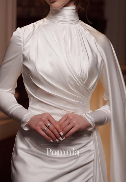 High Neck Long Sleeves Ruched Sheath Satin Wedding Dress