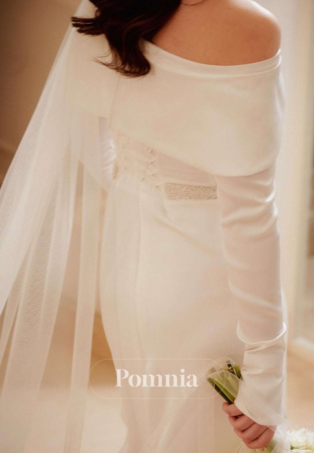 Long Sleeves Astmmetrical Empire-Waist Ruched Wedding Dress