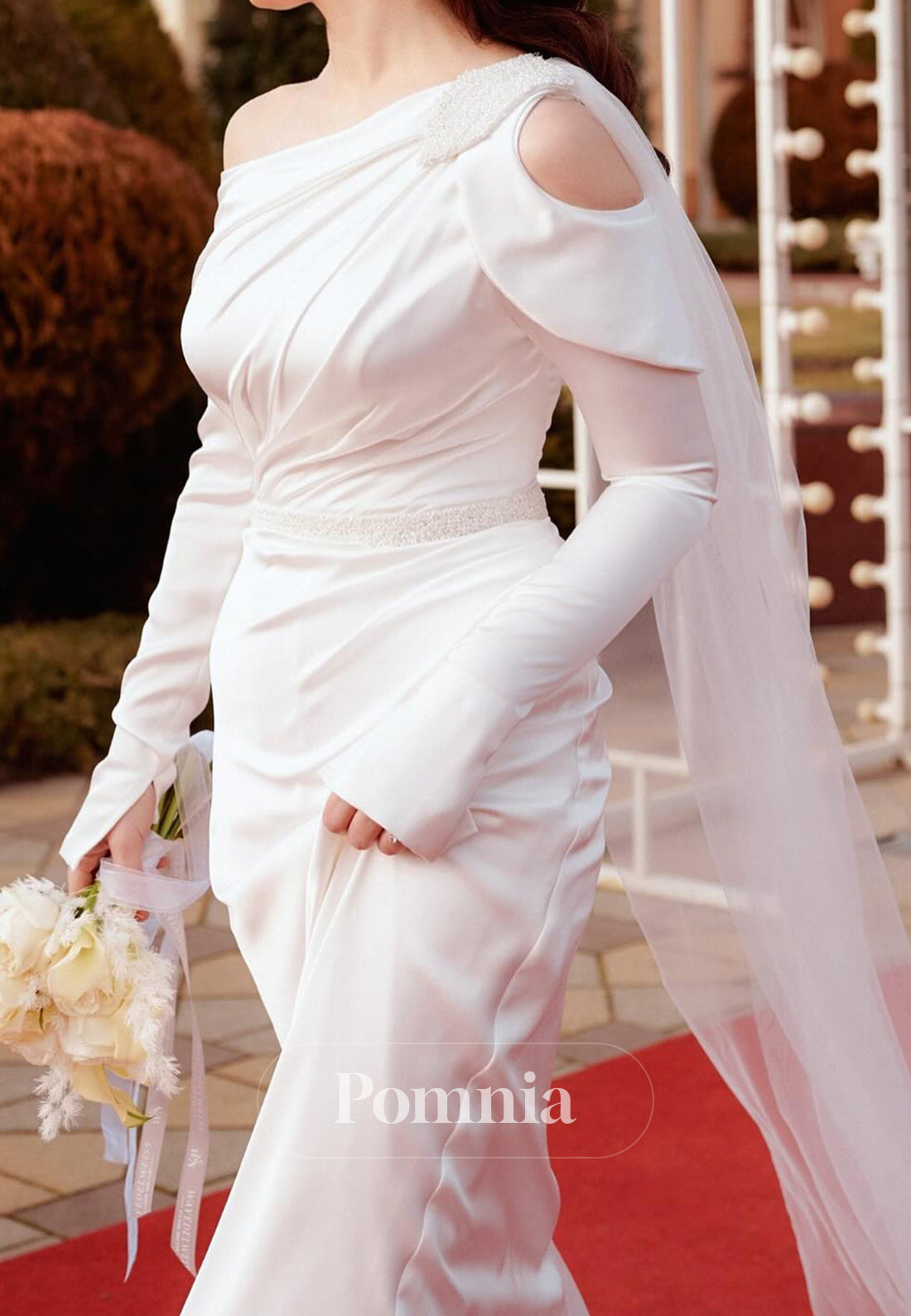 Long Sleeves Astmmetrical Empire-Waist Ruched Wedding Dress