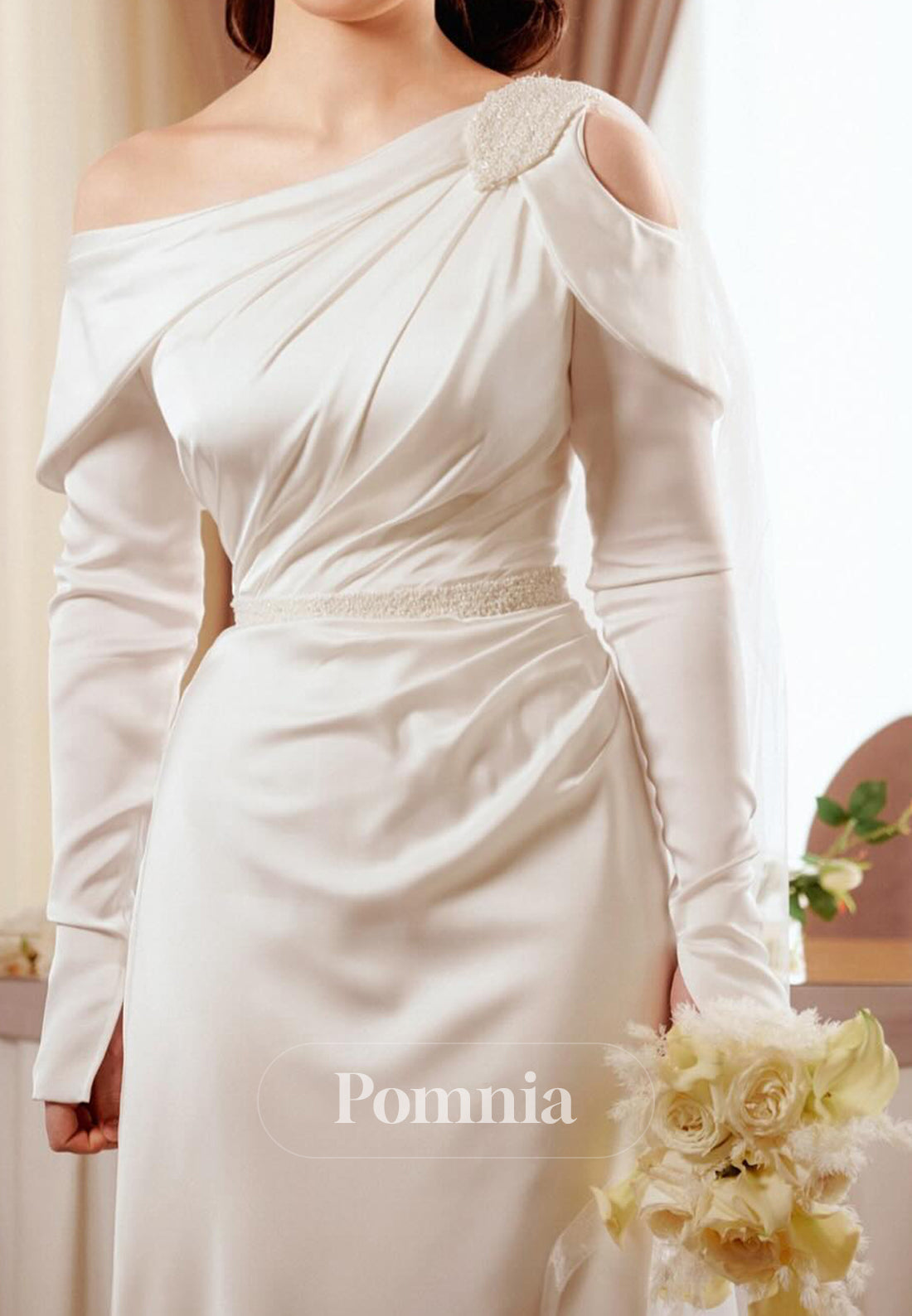 Long Sleeves Astmmetrical Empire-Waist Ruched Wedding Dress