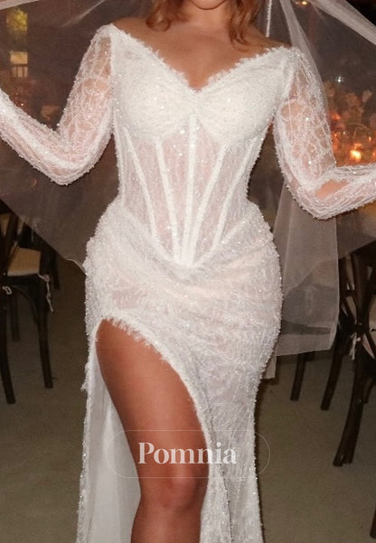 Charming Long Sleeves V-Neck Corset Tulle Ruched Wedding Dress