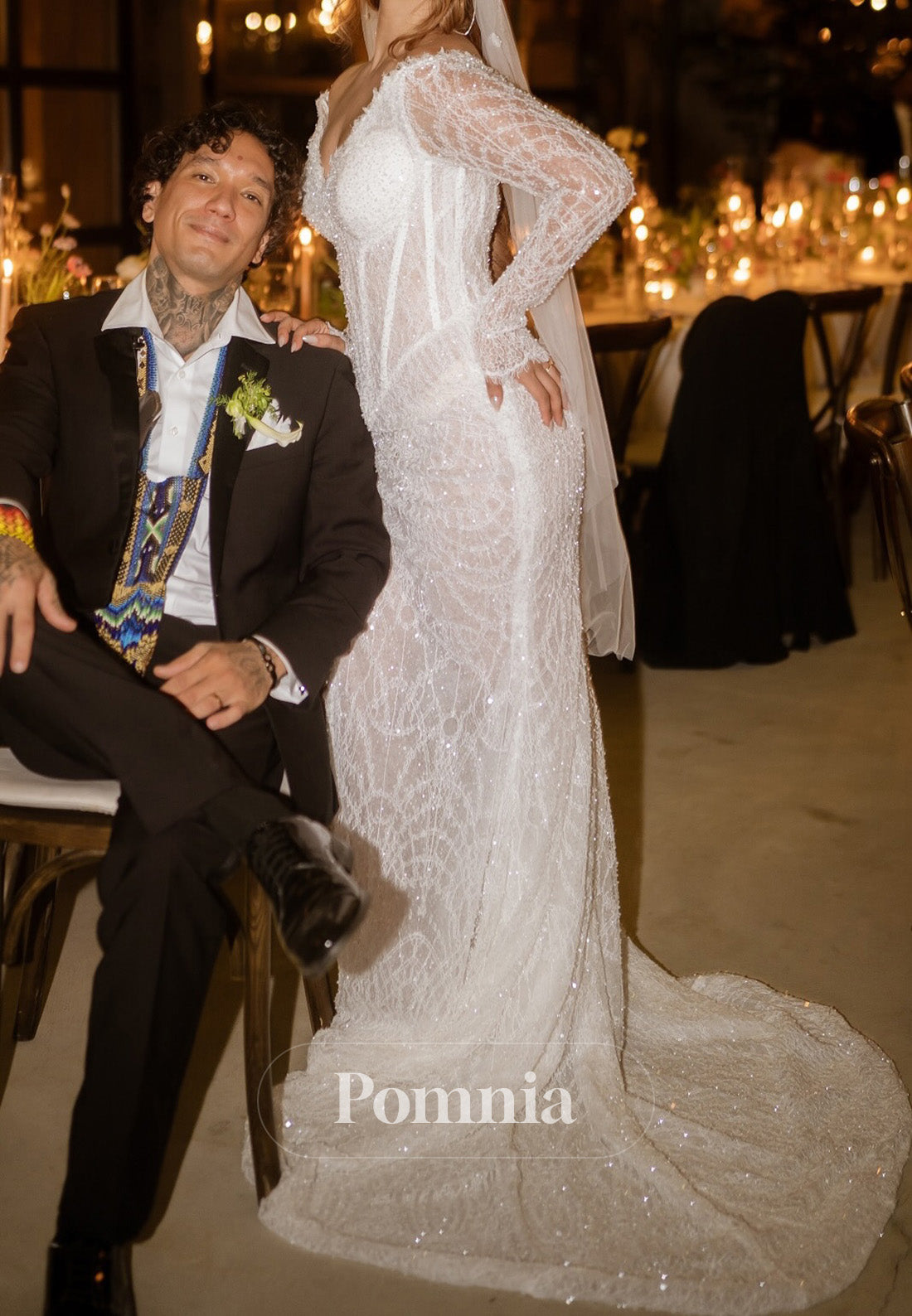 Charming Long Sleeves V-Neck Corset Tulle Ruched Wedding Dress