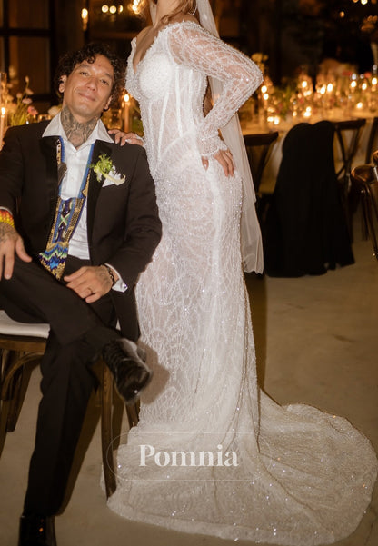 Charming Long Sleeves V-Neck Corset Tulle Ruched Wedding Dress
