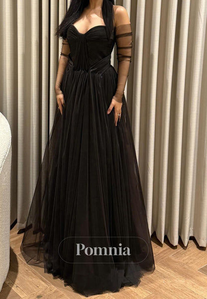 Black A-Line Long Sleeves Sweetheart Lace Prom Dress