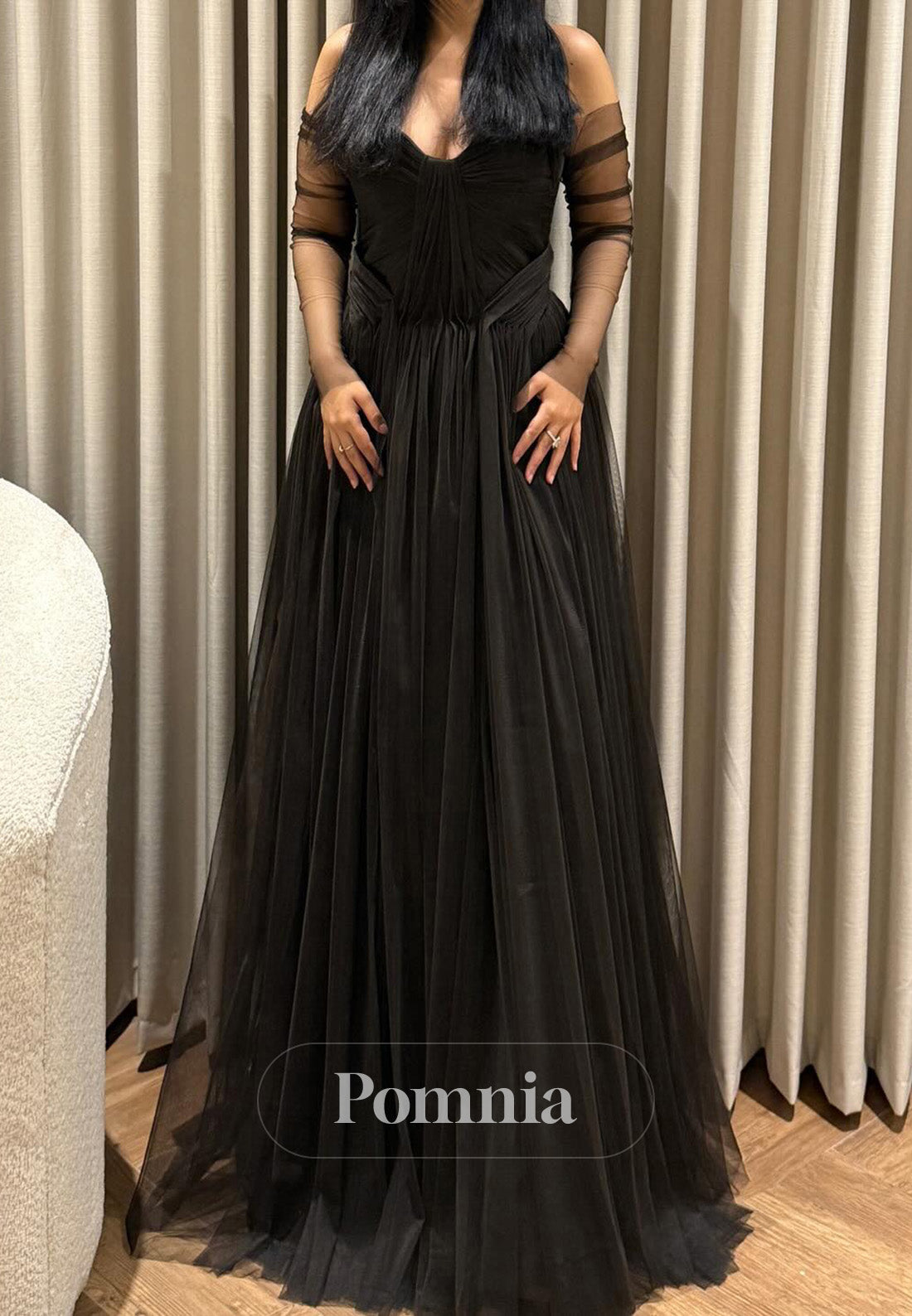 Black A-Line Long Sleeves Sweetheart Lace Prom Dress