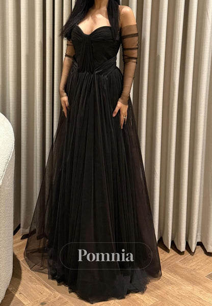 Black A-Line Long Sleeves Sweetheart Lace Prom Dress