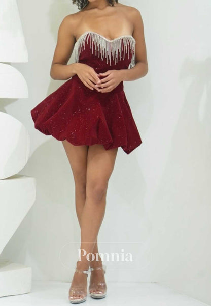 Burgundy Strapless Sleeveless Sequins Homecoming Dress