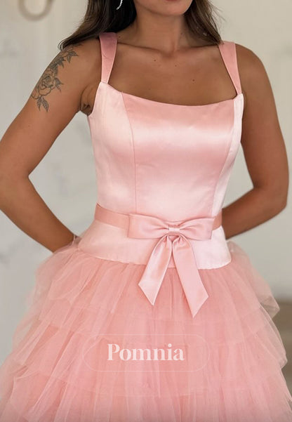 Blushing Pink Spaghetti Straps Square Lace Prom Dress