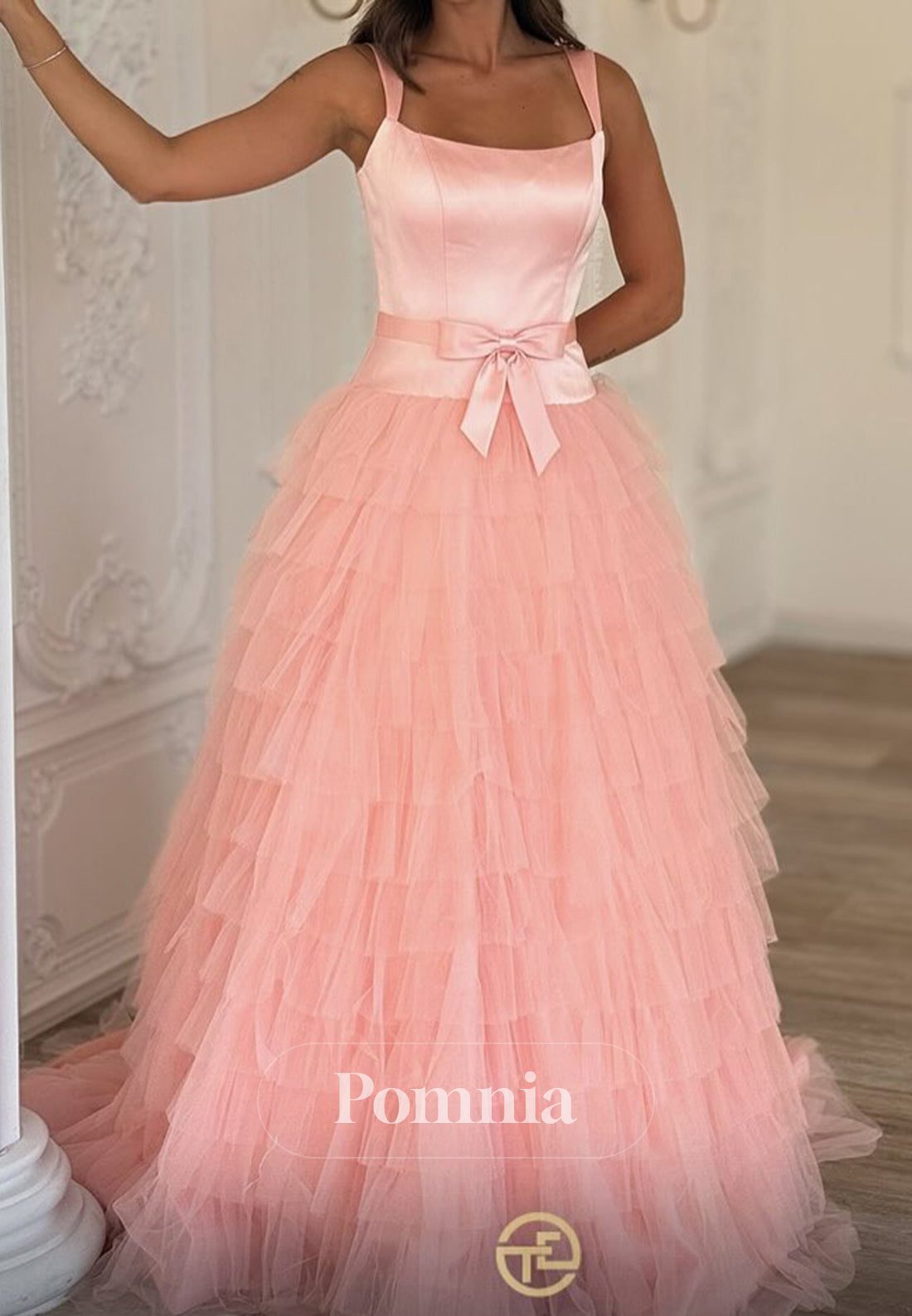Blushing Pink Spaghetti Straps Square Lace Prom Dress
