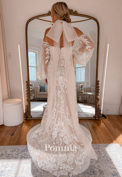 Elegant Long Sleeves Halter Floral Appliques Wedding Dress