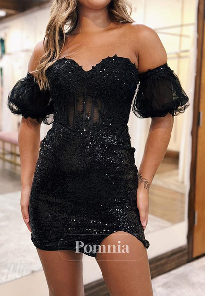 A-Line Short Sleeves Off-Shoulder Appliques Homecoming Dress