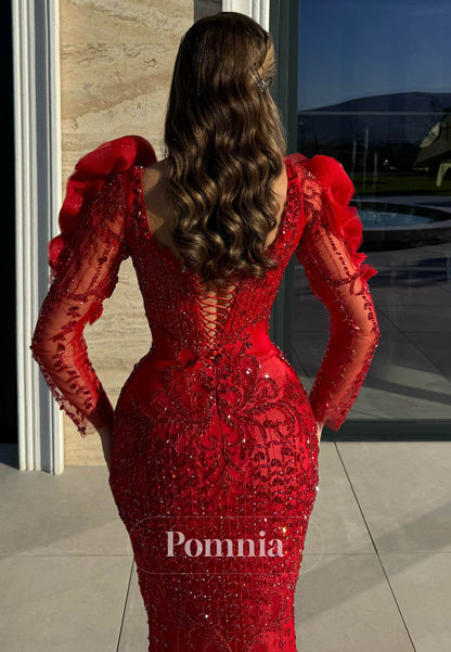 Red Long Sleeves V-Neck Appliques Lace-Up Back Prom Dress