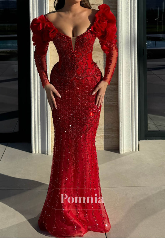 Red Long Sleeves V-Neck Appliques Lace-Up Back Prom Dress