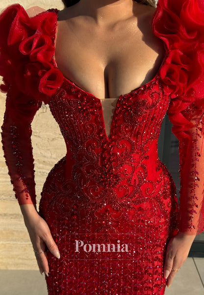 Red Long Sleeves V-Neck Appliques Lace-Up Back Prom Dress