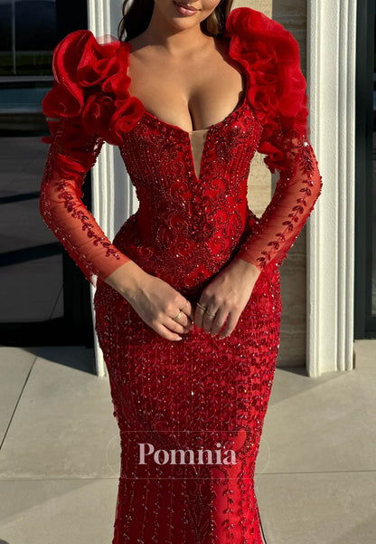 Red Long Sleeves V-Neck Appliques Lace-Up Back Prom Dress