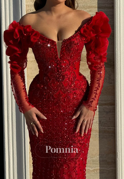 Red Long Sleeves V-Neck Appliques Lace-Up Back Prom Dress