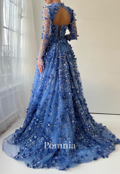 A-Line Long Sleeves Scoop 3D Floral Appliques Evening Dress