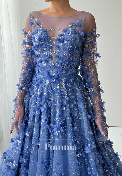 A-Line Long Sleeves Scoop 3D Floral Appliques Evening Dress