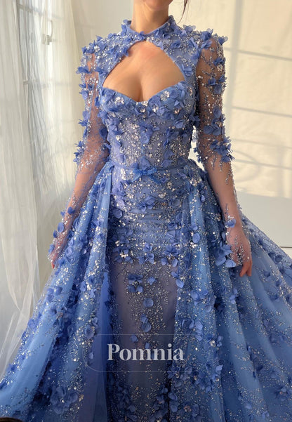 A-Line Long Sleeves Scoop 3D Floral Appliques Evening Dress