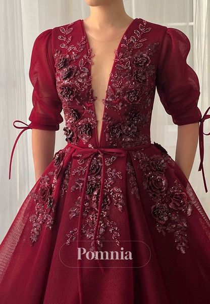 Burgundy Short Sleeves V-Neck Sequins A-Line Evening Dress