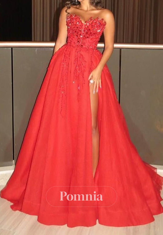 Red Strapless Sleeveless Empire-Waist Prom Dress