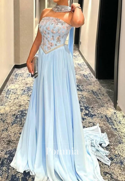 Sky Blue A-Line Sleeveless Strapless Appliques Prom Dress
