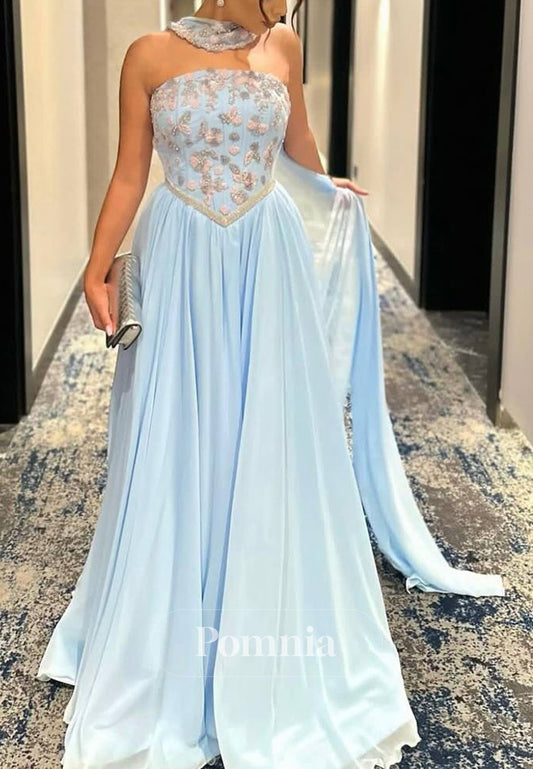 Sky Blue A-Line Sleeveless Strapless Appliques Prom Dress