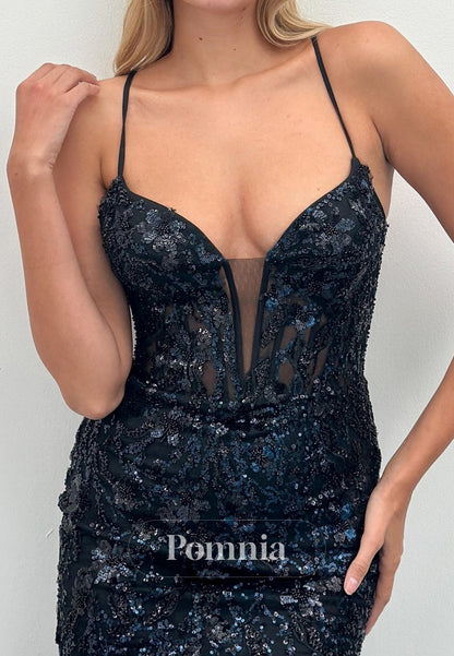 Black Spaghetti Straps V-Neck Sequins Feathers Prom Dress