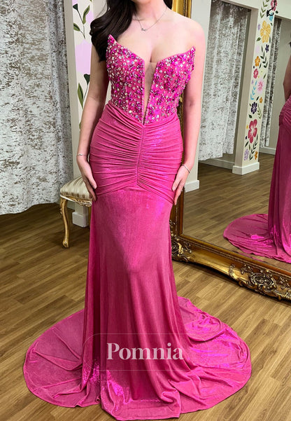 Fuchsia Sleeveless V-Neck Beads Ruched Prom Dress