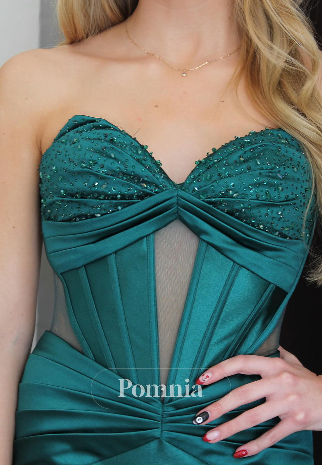 Dark Green Sleeveless Sweetheart Corset Slit Prom Dress