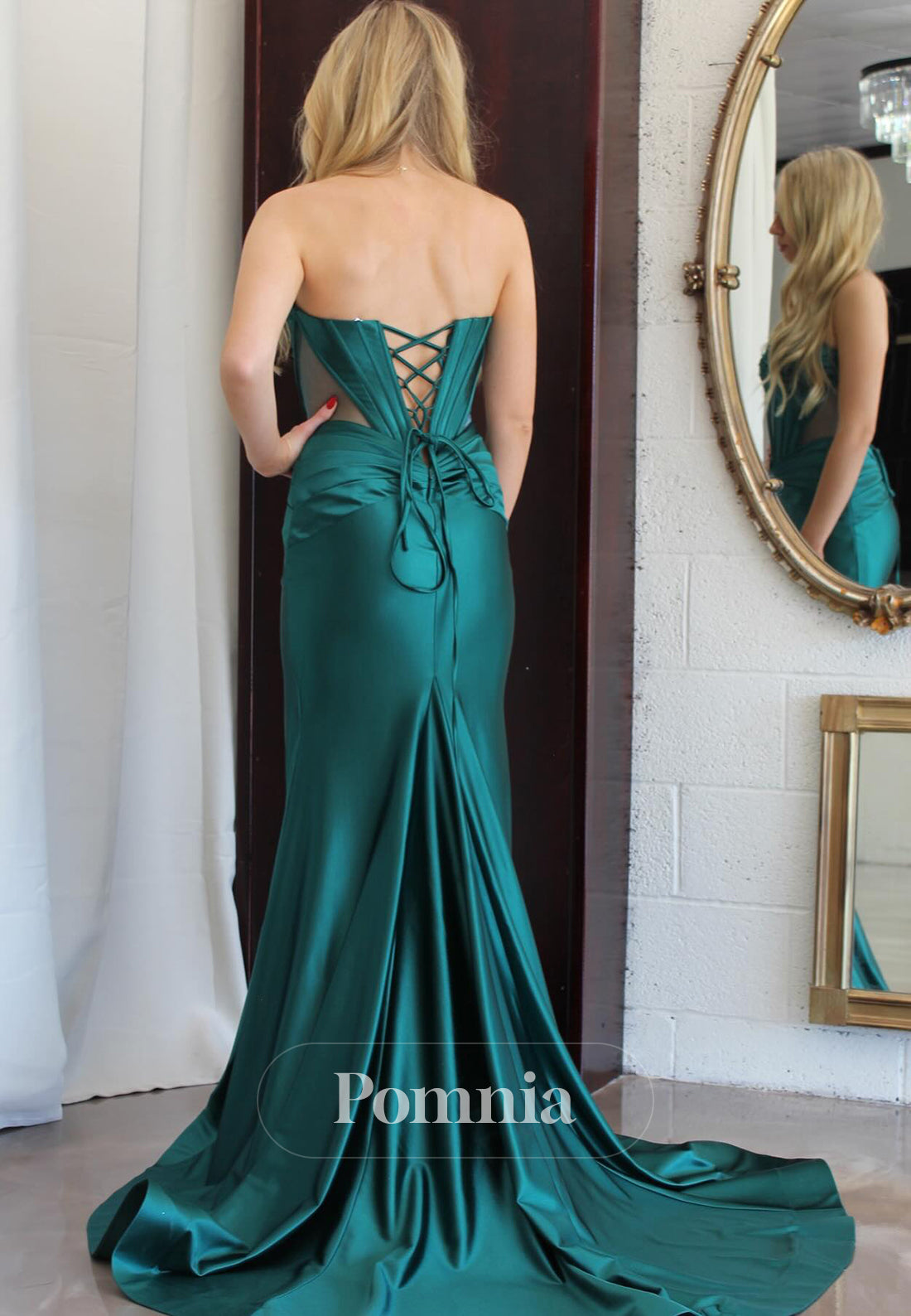 Dark Green Sleeveless Sweetheart Corset Slit Prom Dress