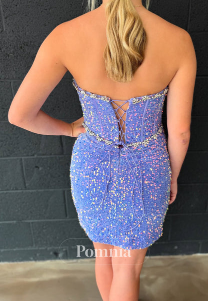Lavender Sleeveless Strapless Sequins Mini Homecoming Dress