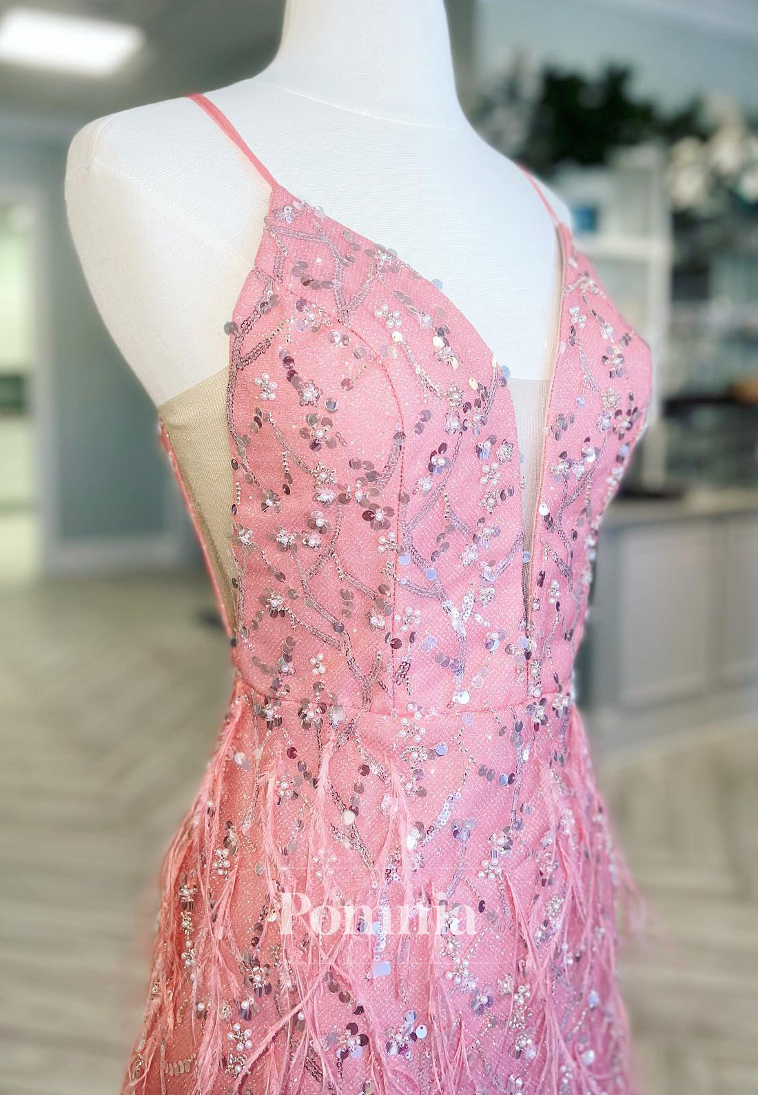 Blushing Pink Spaghetti Straps V-Neck Sequins Mini Homecoming Dress