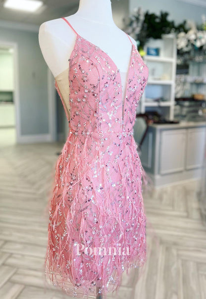 Blushing Pink Spaghetti Straps V-Neck Sequins Mini Homecoming Dress
