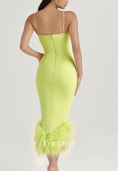 Sheath Spaghetti Straps Feathers Evening Dress