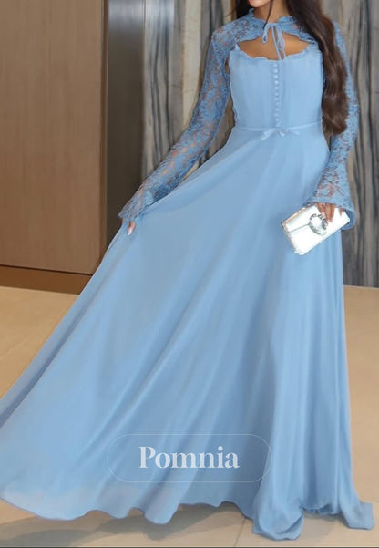 Sky Blue Long Sleeves High Neck Empire-Waist Prom Dress