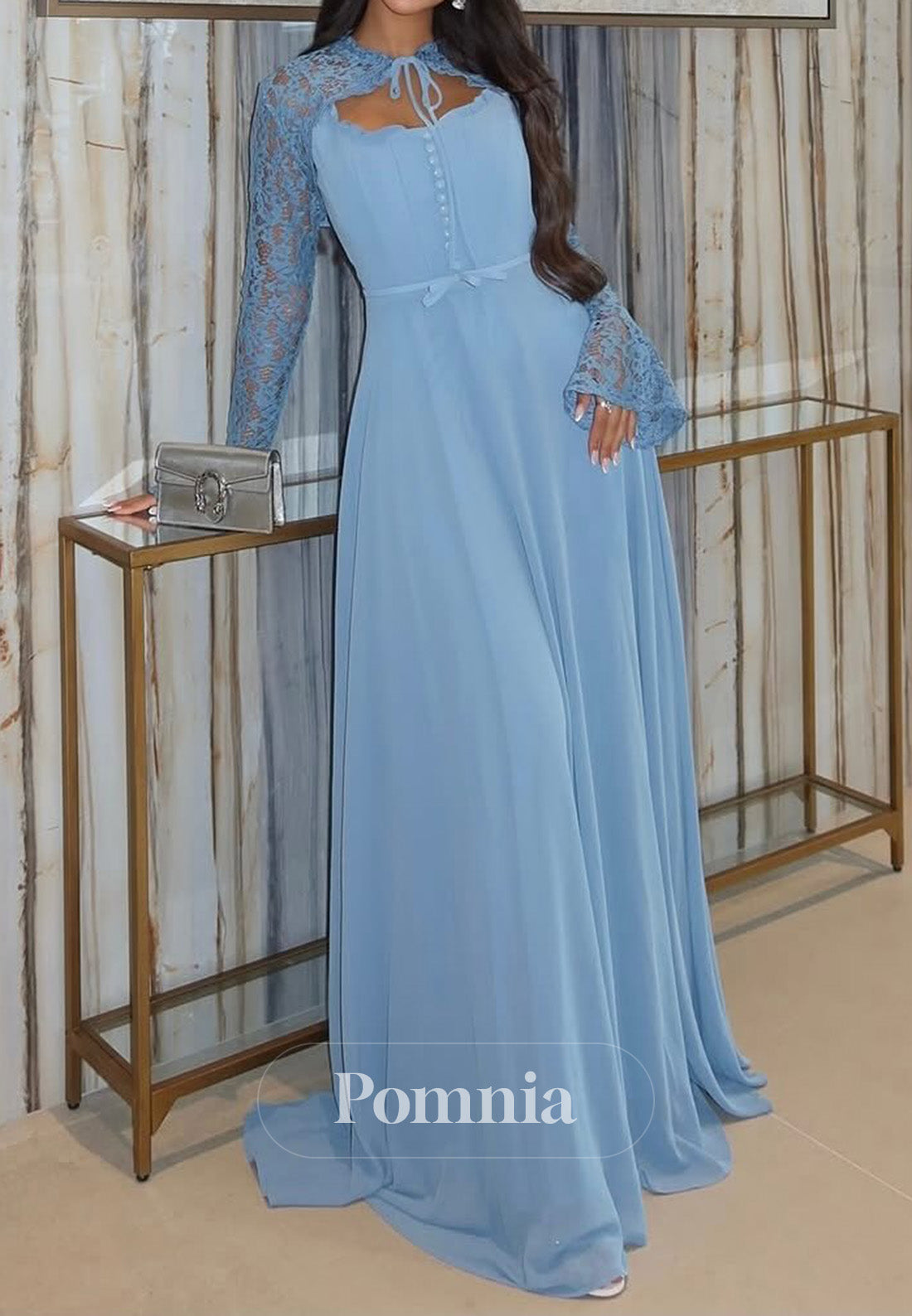 Sky Blue Long Sleeves High Neck Empire-Waist Prom Dress