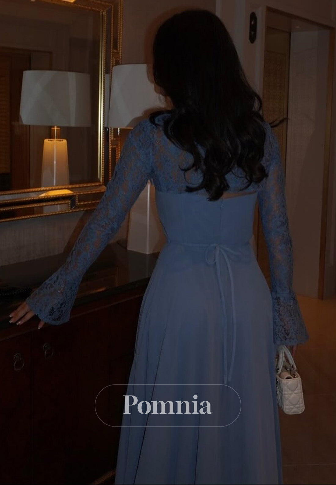 Sky Blue Long Sleeves High Neck Empire-Waist Prom Dress