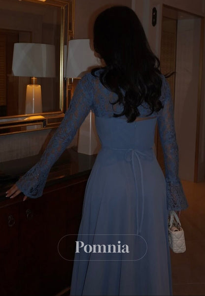 Sky Blue Long Sleeves High Neck Empire-Waist Prom Dress