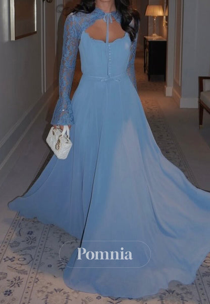 Sky Blue Long Sleeves High Neck Empire-Waist Prom Dress