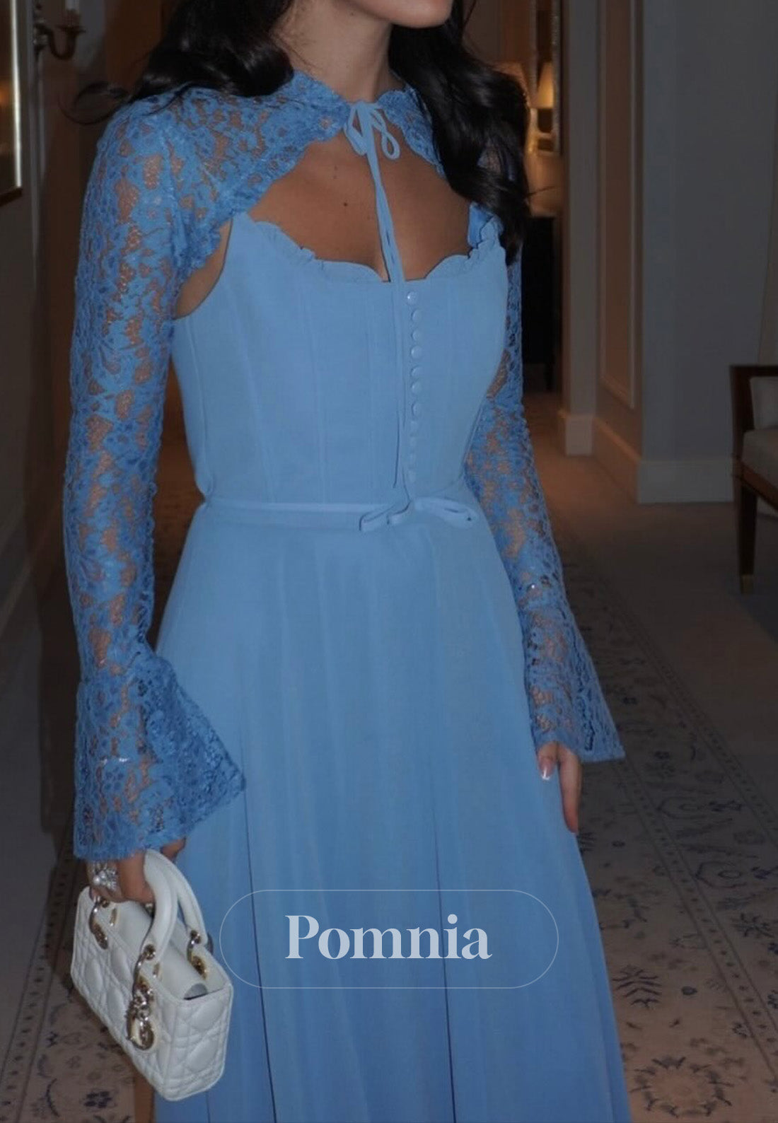 Sky Blue Long Sleeves High Neck Empire-Waist Prom Dress