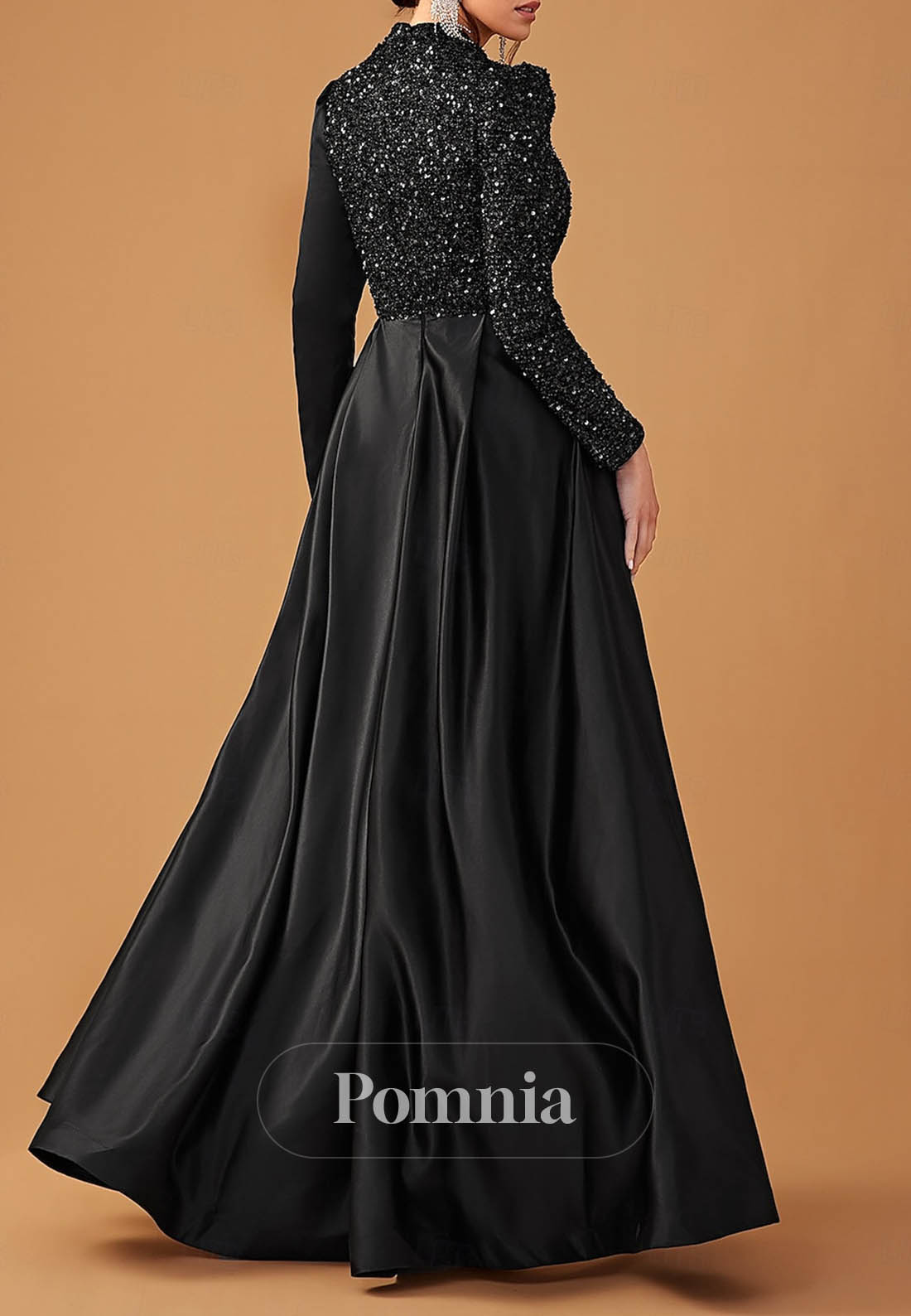 Elegant Party Black Dress Long Sleeve Cowl Neck Formal Lace with Sequin