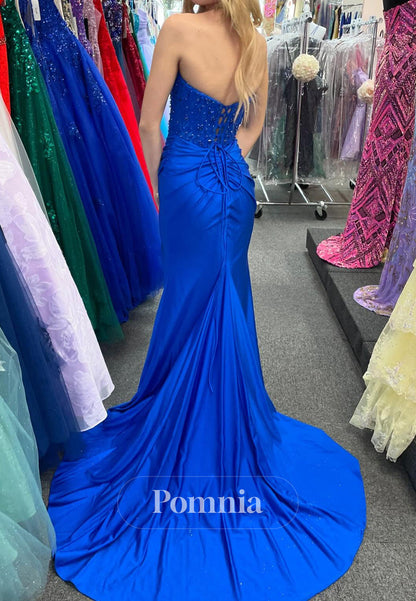 Royal Blue Sleeveless Strapless Slit Prom Dress