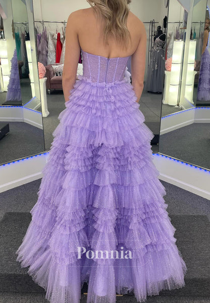 Lilac A-Line Sleeveless Strapless Ruffles Lace Prom Dress