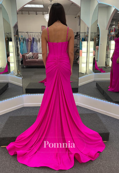 Fuchsia Spaghetti Straps Sweetheart Sequins Slit Prom Dress
