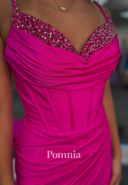 Fuchsia Spaghetti Straps Sweetheart Sequins Slit Prom Dress