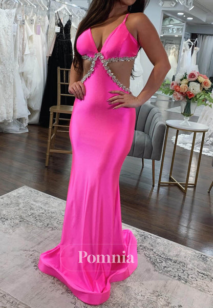 Fuchsia Spaghetti Straps Corset Beads Prom Dress