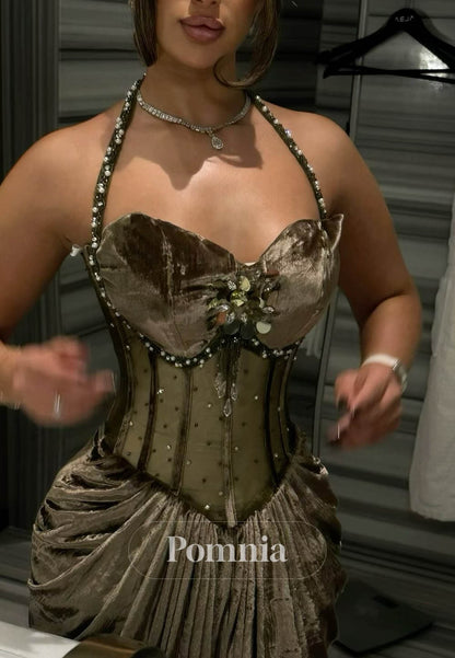 A-Line Halter Sleeveless Ruched Velvet Evening Dress